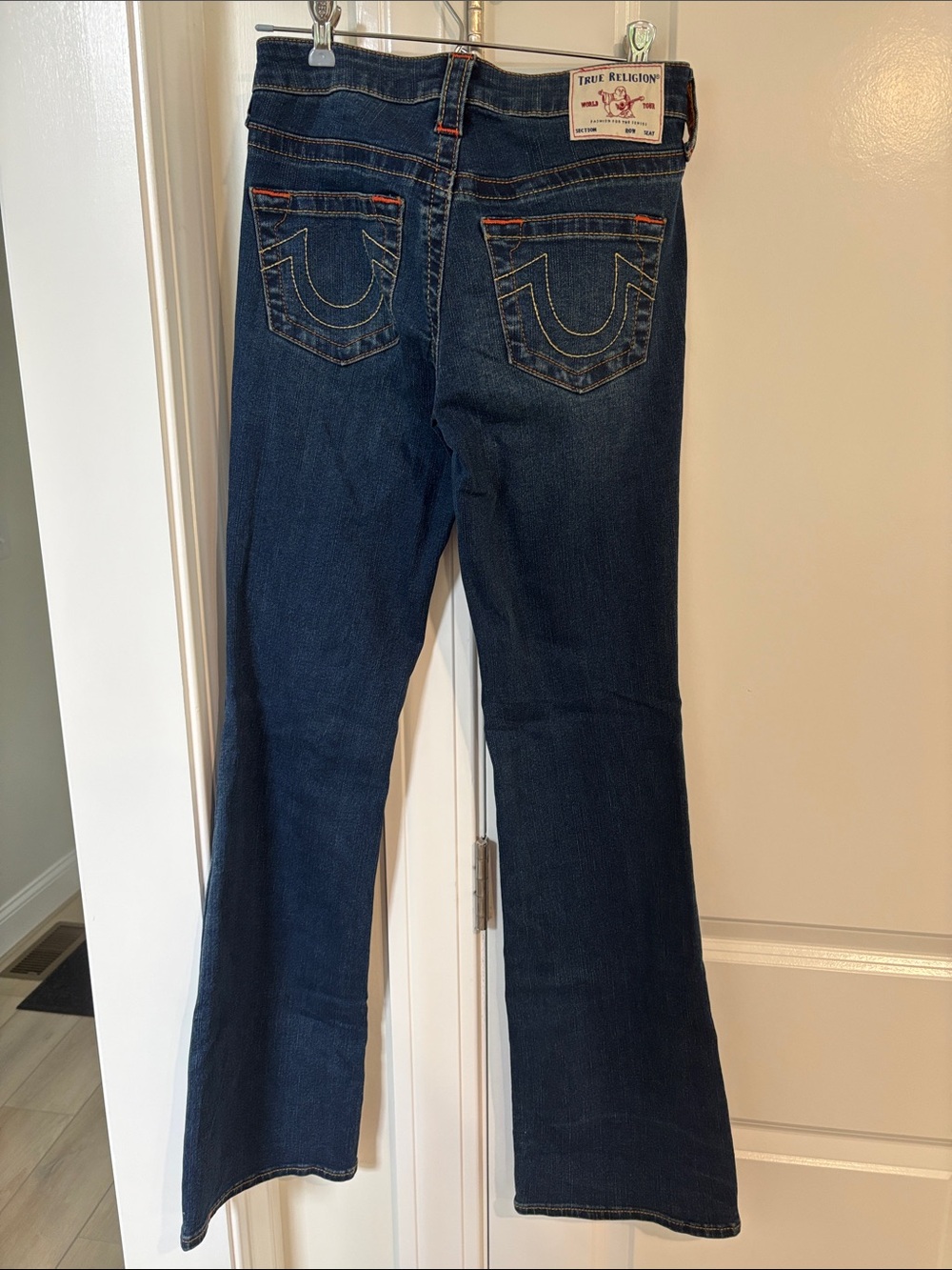 True Religion Dark Blue Flare Jeans with Signature Stitching
